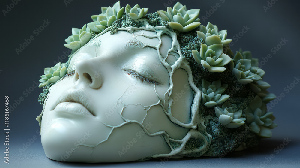 Poster abstract half-mask in white porcelain, fractured edges sprouting succulent greenery, floating on a l