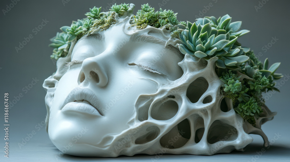 Poster abstract half-mask in white porcelain, fractured edges sprouting succulent greenery, floating on a l