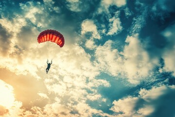 Paratroopers deploy parachutes during a jump against a stunning sky at sunset