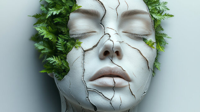 Surreal half-face design in matte white, cracks shaped like rivers of greenery, placed on an almost-blank gray gradient,