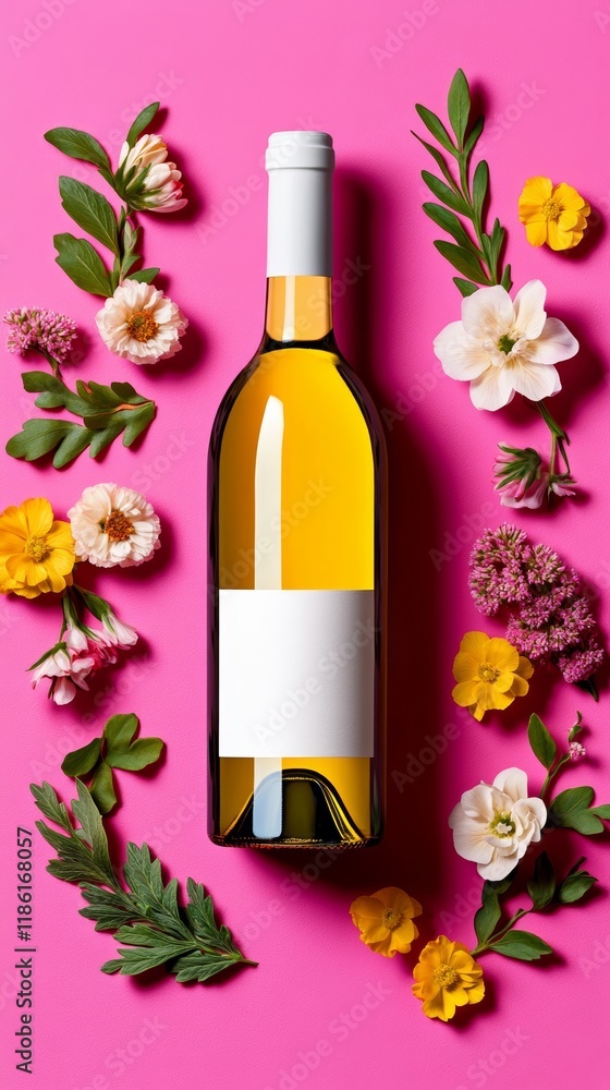Poster a minimalist wine scene with a single bottle of white wine in an ice bucket surrounded by subtle flo