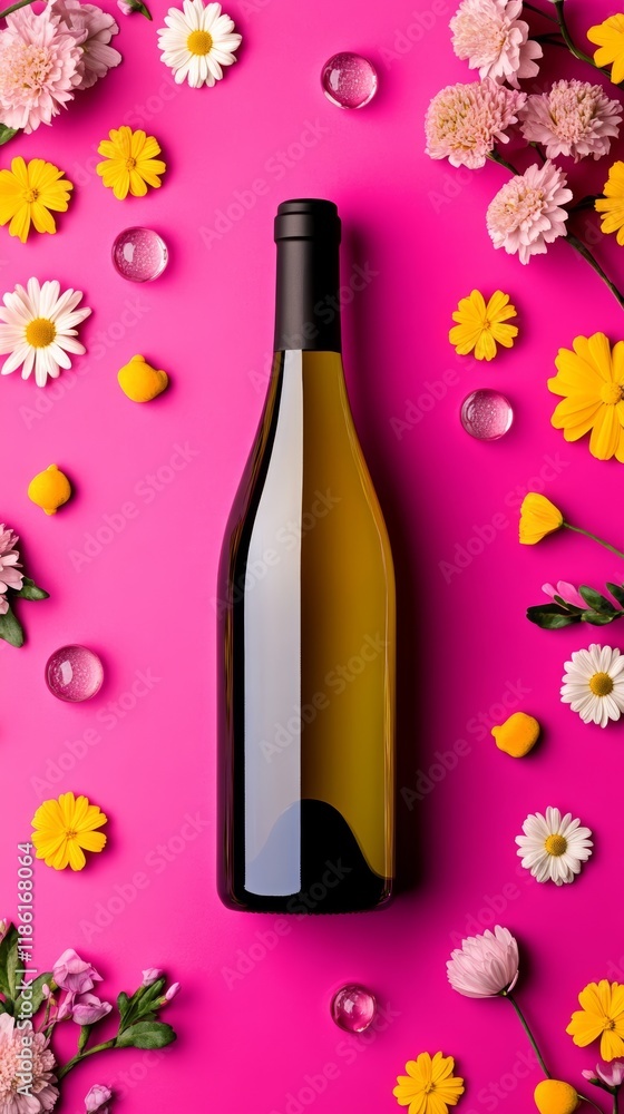 Poster a minimalist wine scene with a single bottle of white wine in an ice bucket surrounded by subtle flo
