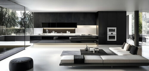 Naklejka premium Contemporary lounge with simple, elegant furniture and a minimalist design for a calm, stylish setting.