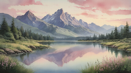 Tranquil Mountain Landscape in Summer Dusk: Watercolor Painting