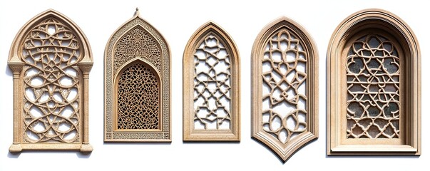 Five Intricate Wooden Arch Windows Displaying Islamic Architectural Design
