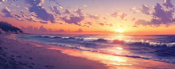 Fototapeta premium beach, sunset, year , sand, ocean, waves, horizon, tranquility, nature, beauty, future, travel, relaxation, vacation, summer, landscape, serenity, warm colors, coastal scenery The image depicts