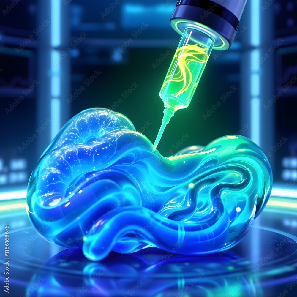 Poster syringe injects a luminous green liquid into glowing brain-like structure