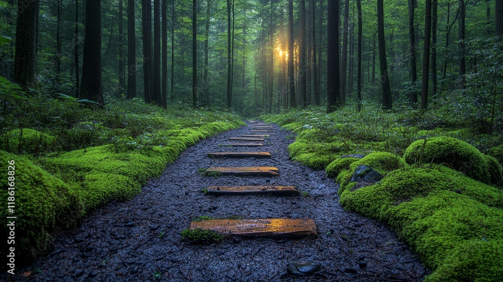 Poster serene forest path surrounded by lush green ferns and sunlight filtering through trees