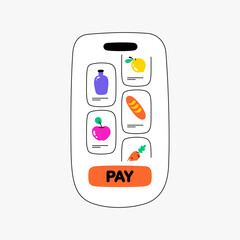 Mobile Phone Screen Displaying Food Items For Purchase And Payment Button, Flat Vector Illustration Symbolizing Digital Shopping, Online Retail, And E commerce, Isolated On White Background
