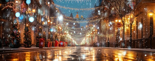 Obraz premium Beautiful illuminated street with holiday lights, magical winter evening, festive celebration.