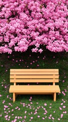 A quaint wooden bench under a blooming magnolia tree in a quiet park with fallen petals scattered on the grass for elegant spring scenery 