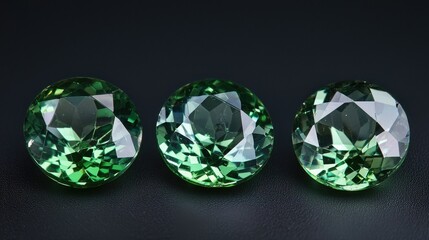 Fototapeta premium Three vibrant green gemstones gleam against a dark background. Their multifaceted surfaces catch the light, showcasing their exquisite brilliance and color saturation.