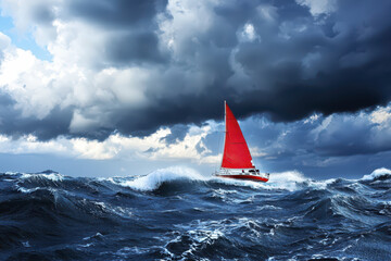 boat sailing through rough seas under dramatic clouds and red sail