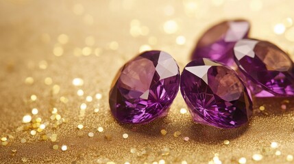 Glimmering amethysts sparkle against a backdrop of golden glitter.  The deep purple hues are luxurious and captivating.
