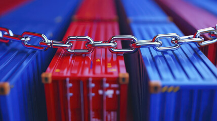 broken chain blocking shipping container, symbolizing security and restriction