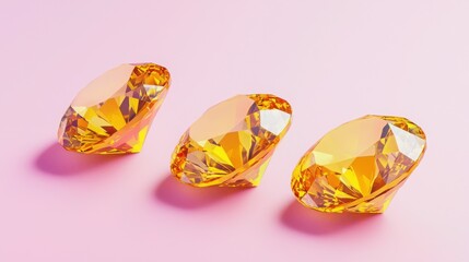 Fototapeta premium Three radiant yellow diamonds glisten on a soft pink backdrop. Their multifaceted brilliance catches the light, creating a luxurious and elegant scene.