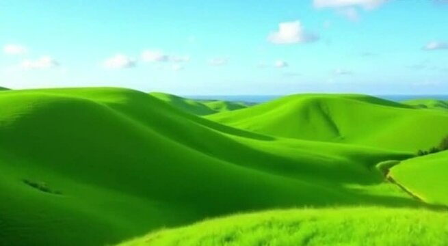 Drone footage of vibrant green hills rolling endlessly under the sky