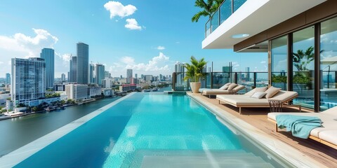 Fototapeta premium A luxurious infinity pool overlooking a vibrant city skyline under a clear blue sky.