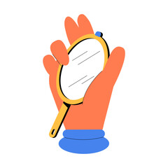Hand Holding A Mirror In Flat Vector Illustration Symbolizing Self Reflection, Beauty, And Personal Care, Isolated On White Background.