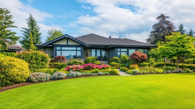 Beautiful Modern House Surrounded by Lush Green Landscaping