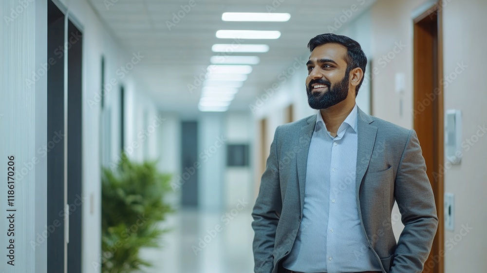 Aufkleber man in a suit stands in a hallway with a plant in front of him. he is smiling and looking up at the 