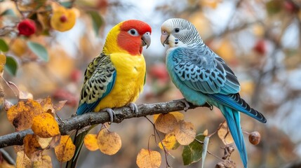 Fototapeta premium Vibrant parrot perched on branch against a backdrop of golden autumn leaves in a serene forest setting