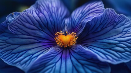 Deep blue flower with golden stamen closeup image. Vibrant veined petals. Exotic bloom textured. Floral close up photography. Springtime plant. Botanical concept photo realistic
