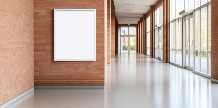 Empty poster frame mockup hanging on wall in university campus corridor, mockup, poster, frame, empty, blank, university