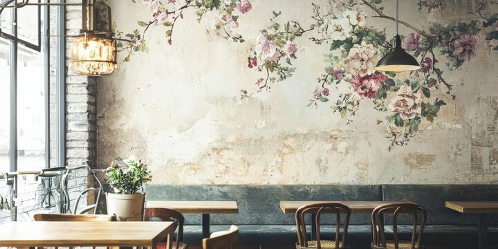 Vintage wallpaper with soft florals and distressed textures in a rustic cafe