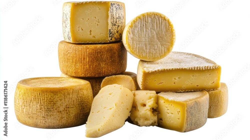 Poster stack of cheeses with a variety of shapes and sizes. the cheeses are cut in half and arranged in a p