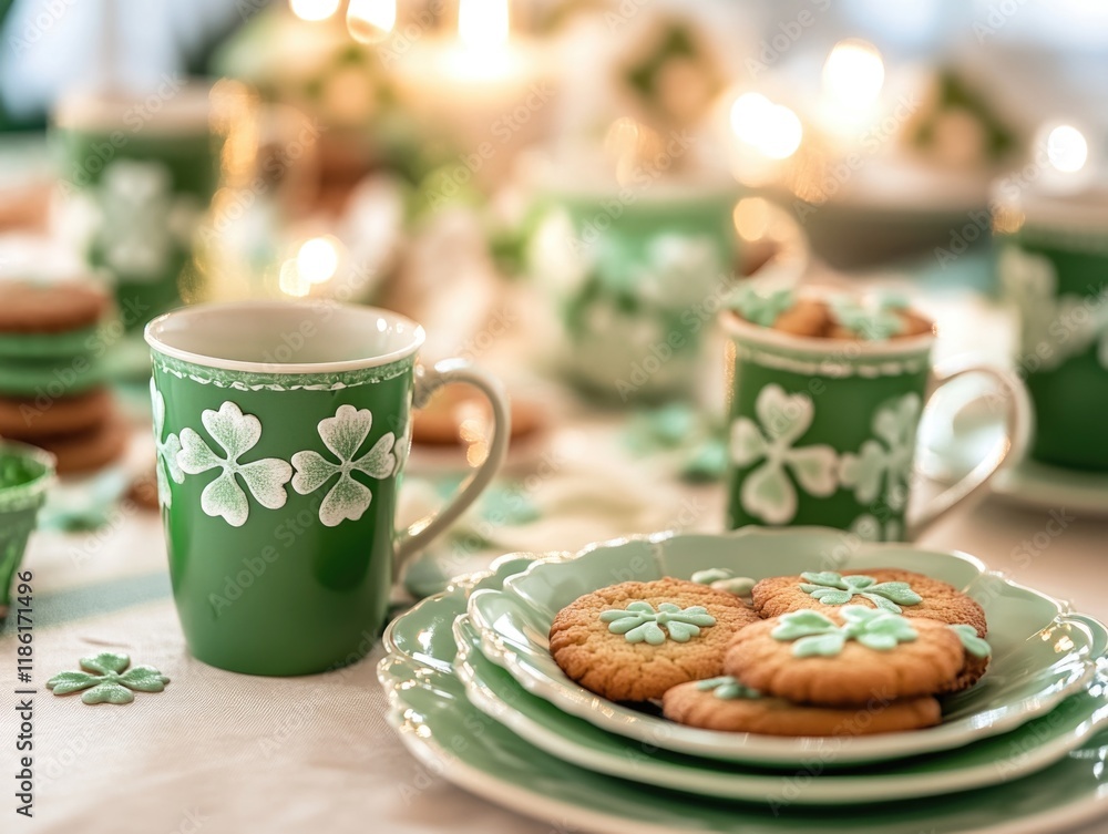 Poster green table setting with a green mug and a plate of cookies. the cookies are decorated with green ic