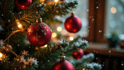 Snowflakes fall gently on a red-gold Christmas tree, ornaments, cozy, ambient