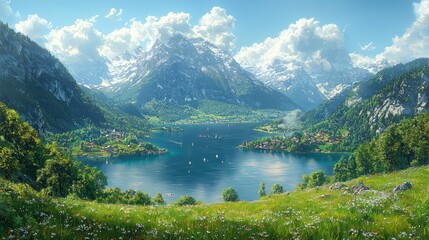 Idyllic alpine lake nestled in a valley, surrounded by snow-capped mountains and lush meadows.