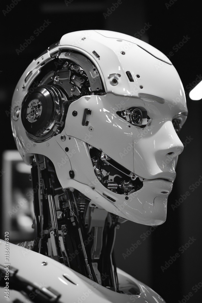 Poster close-up of a head of a sophisticated robot featuring intricate mechanical components and a serene h