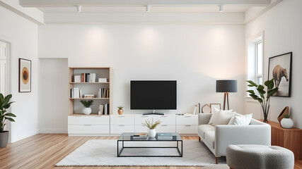 White and wooden home living room interior with shelf and books, minimalist decoration in contemporary apartment and empty space. Generative AI