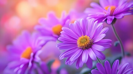 Obraz premium Cheerful cluster of purple daisies with orange centers image. Flowers in soft warm light. Flowering plants. Botanical photography scene wallpaper. Floral concept photorealistic photo