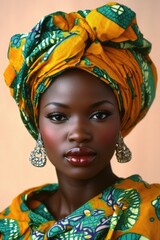 Fototapeta premium A model showcasing traditional African clothing with accessories, highlighting cultural diversity and the richness of ethnic attire.