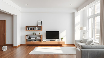 White and wooden home living room interior with shelf and books, minimalist decoration in contemporary apartment and empty space. Generative AI