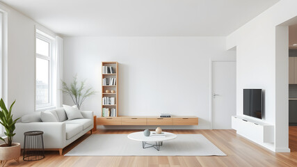 Fototapeta premium White and wooden home living room interior with shelf and books, minimalist decoration in contemporary apartment and empty space. Generative AI