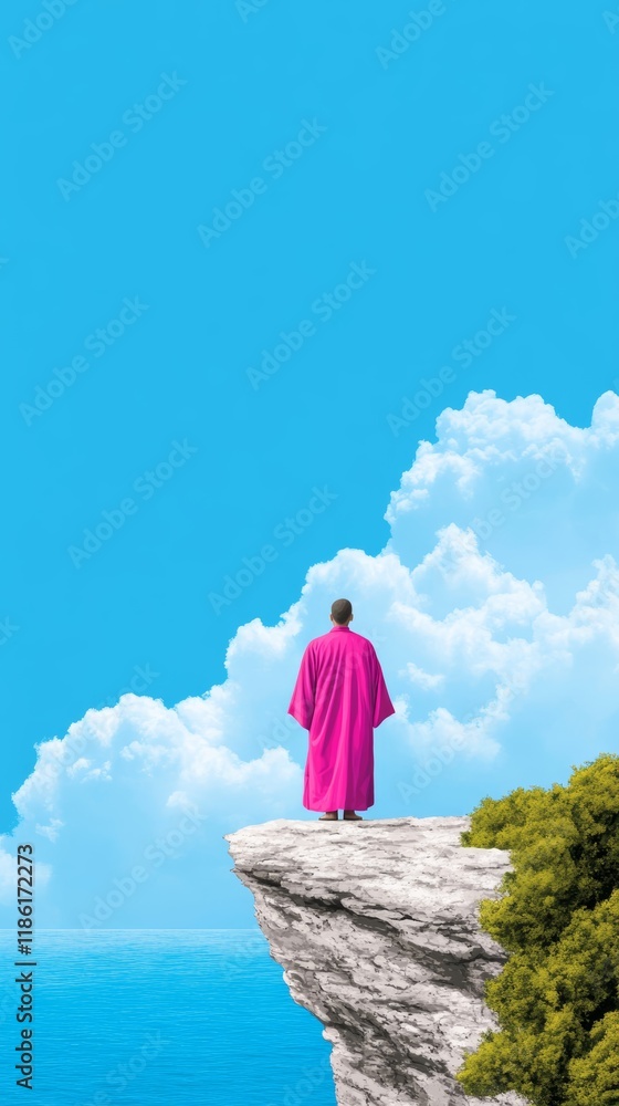 Poster a zen character standing calmly at a cliffs edge overlooking a vast sea with wind gently flowing thr
