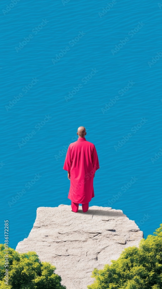 Poster a zen character standing calmly at a cliffs edge overlooking a vast sea with wind gently flowing thr