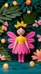 A whimsical daisy inspired character with petal wings glowing softly as she dances in a twilight garden filled with glowing fireflies for a magical vibe 
