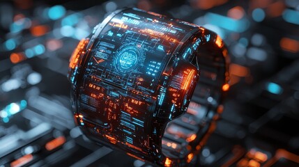 Futuristic smart bracelet with holographic display showing data.