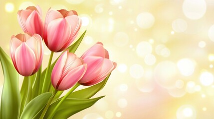 Obraz premium Beautiful Pink Tulips on Blurred Background with Soft Bokeh Light