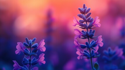 Fototapeta premium Vibrant lavender stems illuminated by sunset image. Flowering plant lavandula blossoms. Dreamy serenity. Botanical photography scene wallpaper. Floral concept photorealistic photo