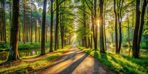 Sunbeams Illuminate a Serene Path Through a Lush Green Forest Beside a Calm River at Dawn