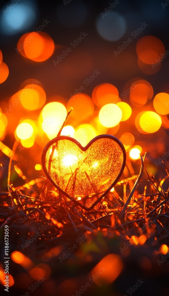 Poster glowing heart in rustic setting with romantic bokeh background. perfect for valentine s day.