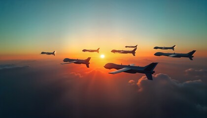 Fototapeta premium Military drones in formation flight across colorful sunset sky. Unmanned aerial vehicles soar above clouds. Sophisticated aerospace tech in action. Strategic surveillance mission. Advanced tech,