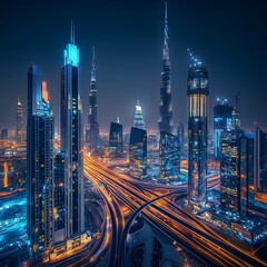 Vibrant Futuristic Cityscape at Night with Illuminated Skyscrapers and Elevated Highways