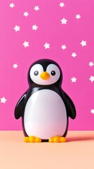 Obraz premium An illustration of a baby penguin sliding on icy pastel snow surrounded by glowing stars and a soft twilight sky for a cute and elegant design 